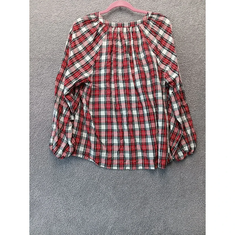 Old Navy Women's Plaid Blouse Size L Red White V-Neck‎ Long Sleeve Cottage Core